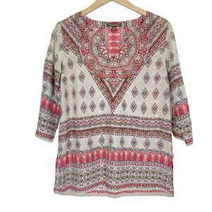 TOMMY BAHAMA Silk Blend Boho Kaftan Tunic 3/4 Sleeve Pink Geometic Hippie Sz S